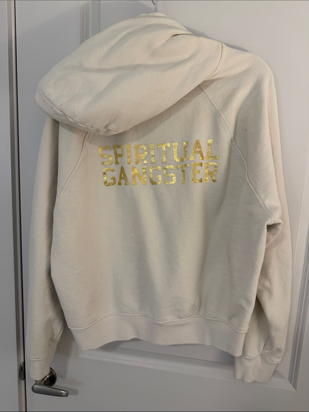 Spiritual Gangster Cream Zip-Up Hoodie With Gold Logo